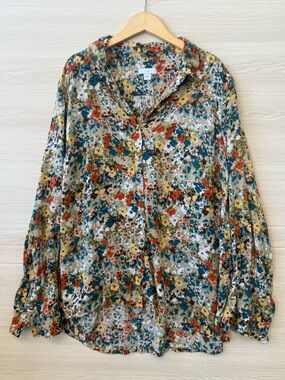 J. Jill Floral Button Up Shirt LP Wheat Painterly Cottagecore Blouse Size S